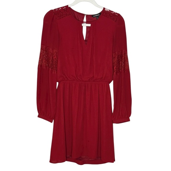 Express Elegant Lace Long Sleeve Elastic Waist Red Keyhole Pleated Dress S - Picture 2 of 5